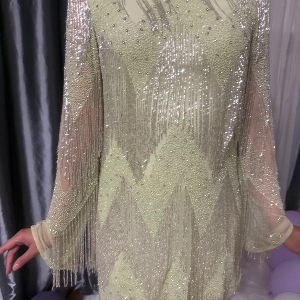 Rachel Gilbert Sequin Long Sleeve Dress in Cream and Silver - Picture 4 of 12